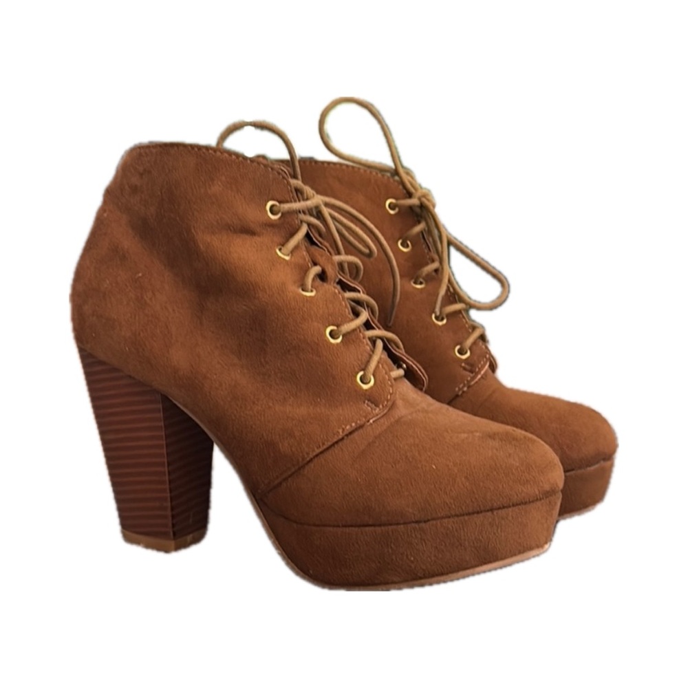 Brown Suede Lace-Up Ankle Boots Heeled Platform Size 7.5